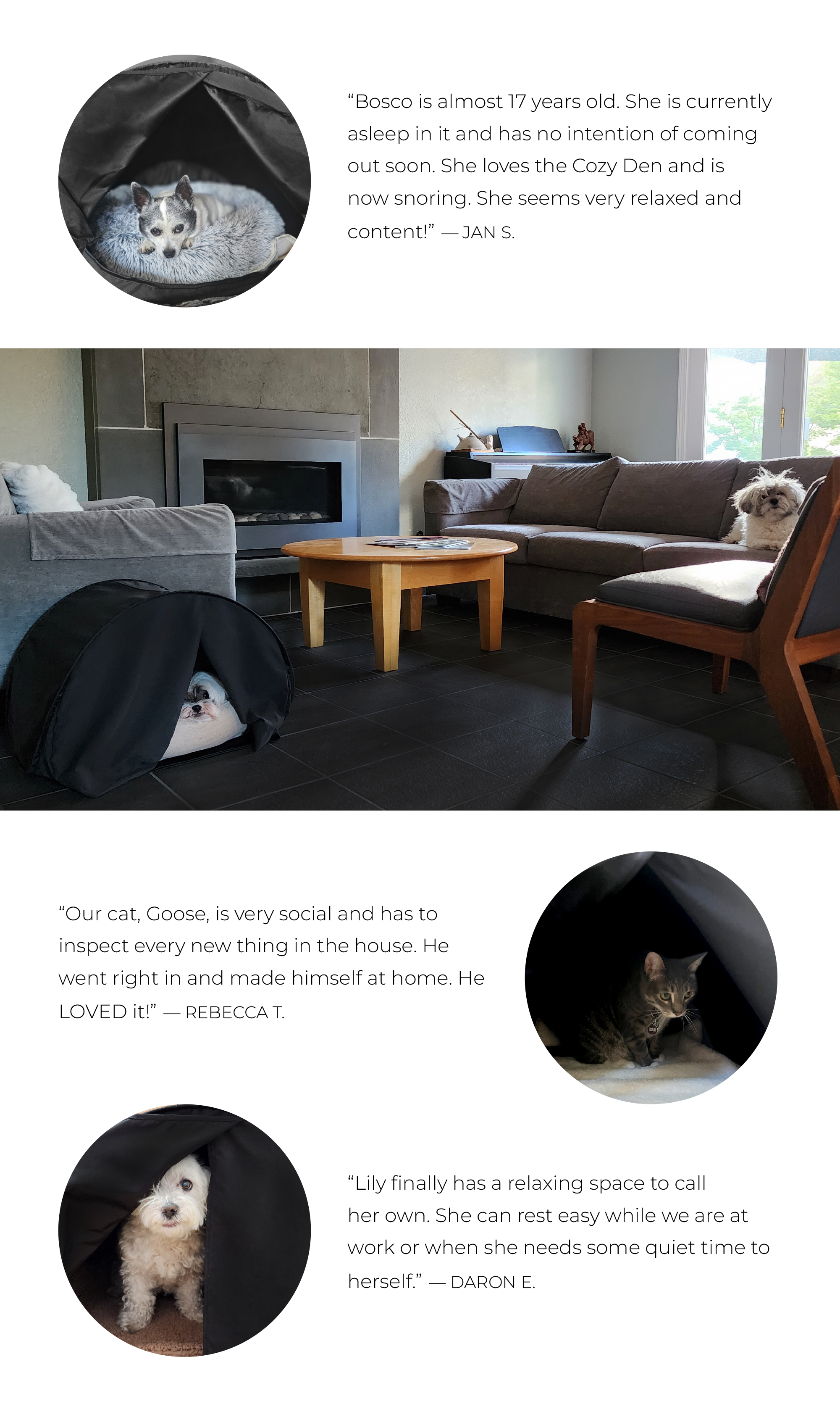 zDen Pets Cozy Testimonials about Cozy Den Bed for Pet comfort and anxiety to relax and sleep